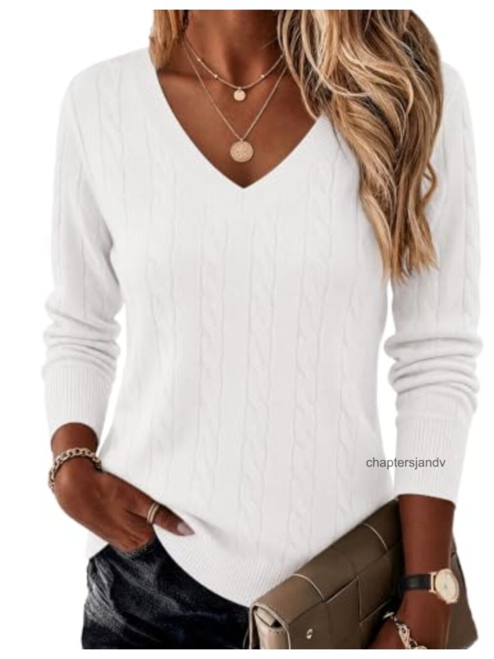 Cable Knit V Neck Sweater Long Sleeve Pullover Fall Winter Top